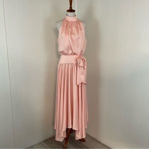 Vintage Beaded Mock Neck Sleeveless Bow Asymmetrical Midi Dress